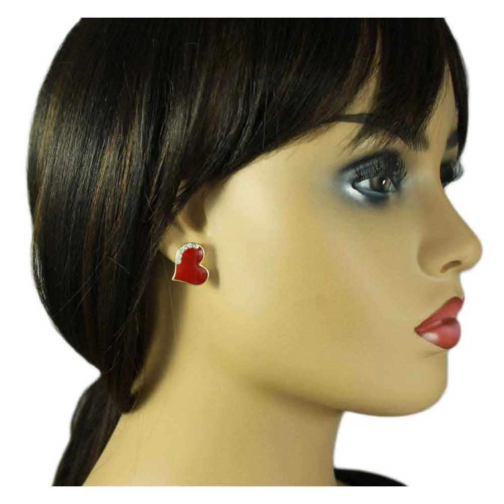 Classic Red Enamel and Crystal Heart Pierced Earring - REE918