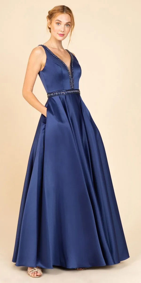 CLEARANCE - Eureka 9010 Embellished Long Prom Dress V-Neck with Pockets (Size L)