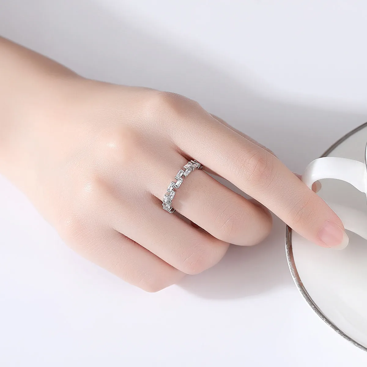 Crystal & Silver-Plated Baguette-Cut Band Ring
