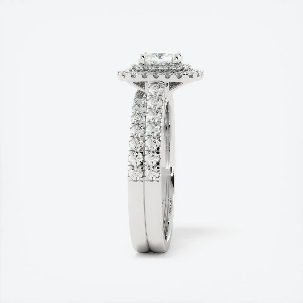 Cushion Cut Moissanite Engagement Ring Double Halo Pavé Band