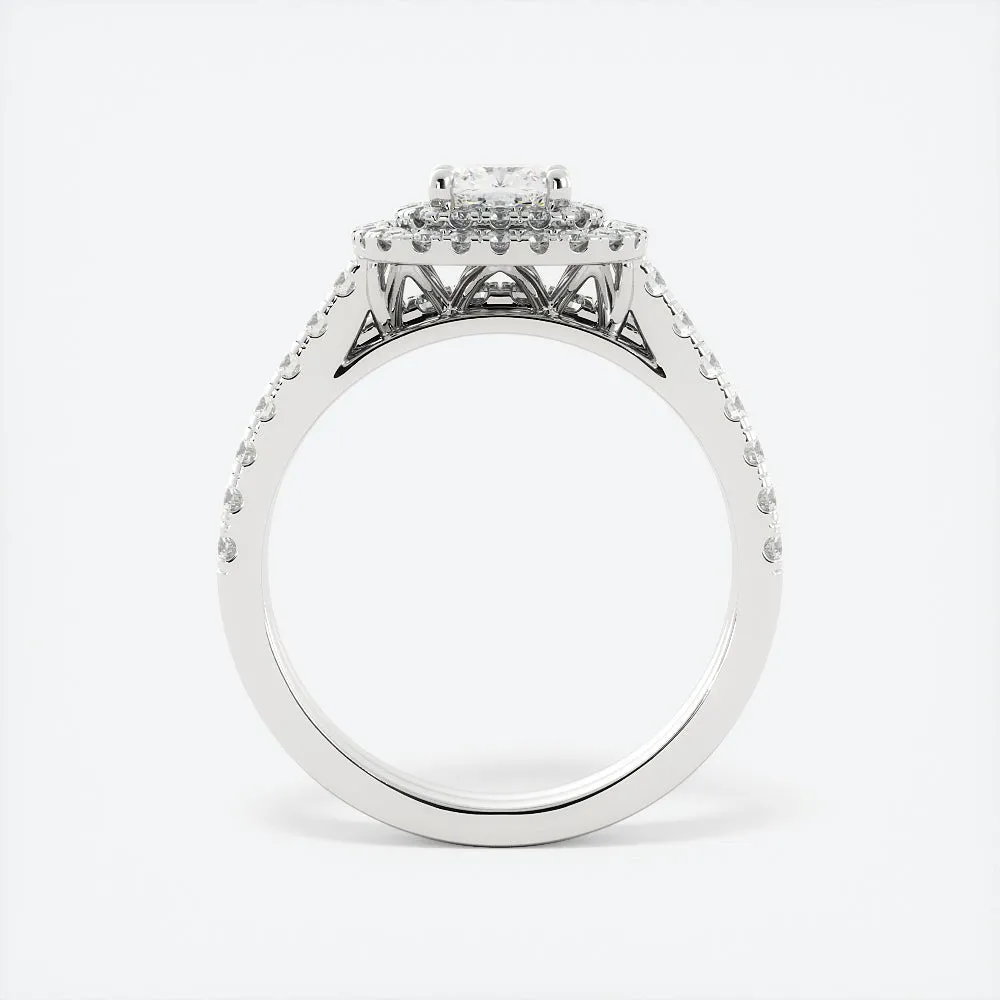 Cushion Cut Moissanite Engagement Ring Double Halo Pavé Band