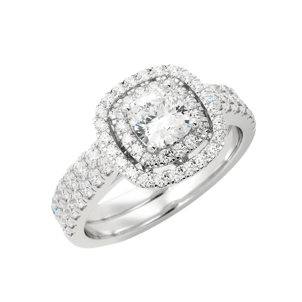 Cushion Cut Moissanite Engagement Ring Double Halo Pavé Band