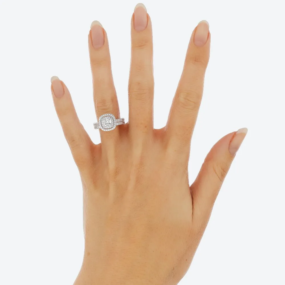 Cushion Cut Moissanite Engagement Ring Double Halo Pavé Band