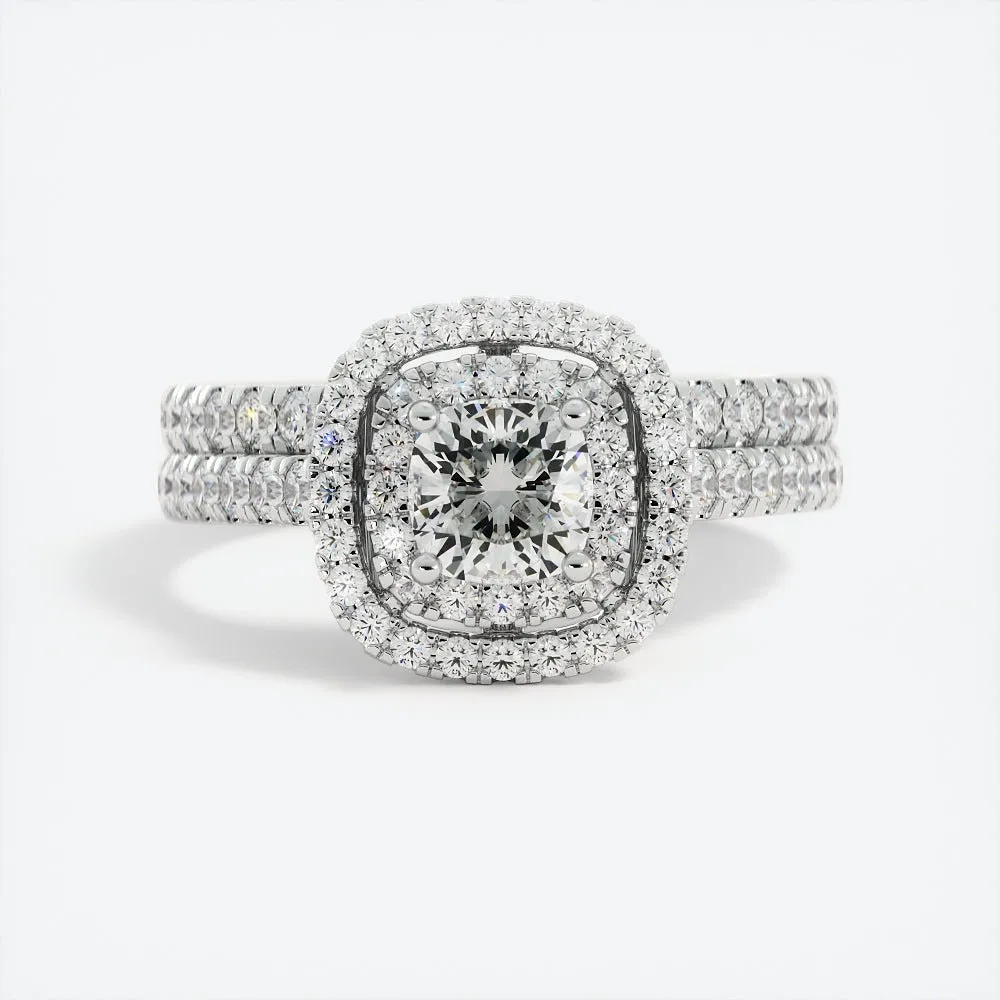 Cushion Cut Moissanite Engagement Ring Double Halo Pavé Band