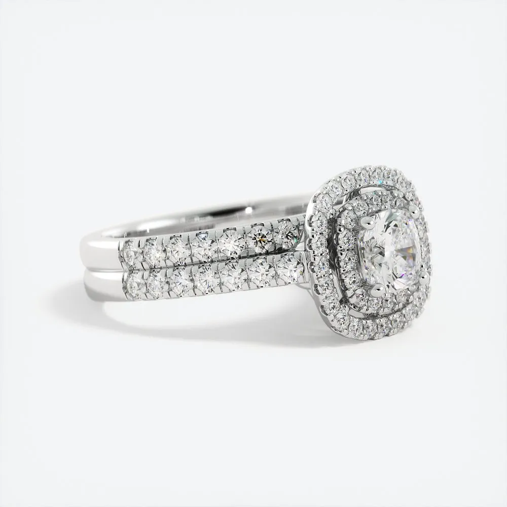 Cushion Cut Moissanite Engagement Ring Double Halo Pavé Band