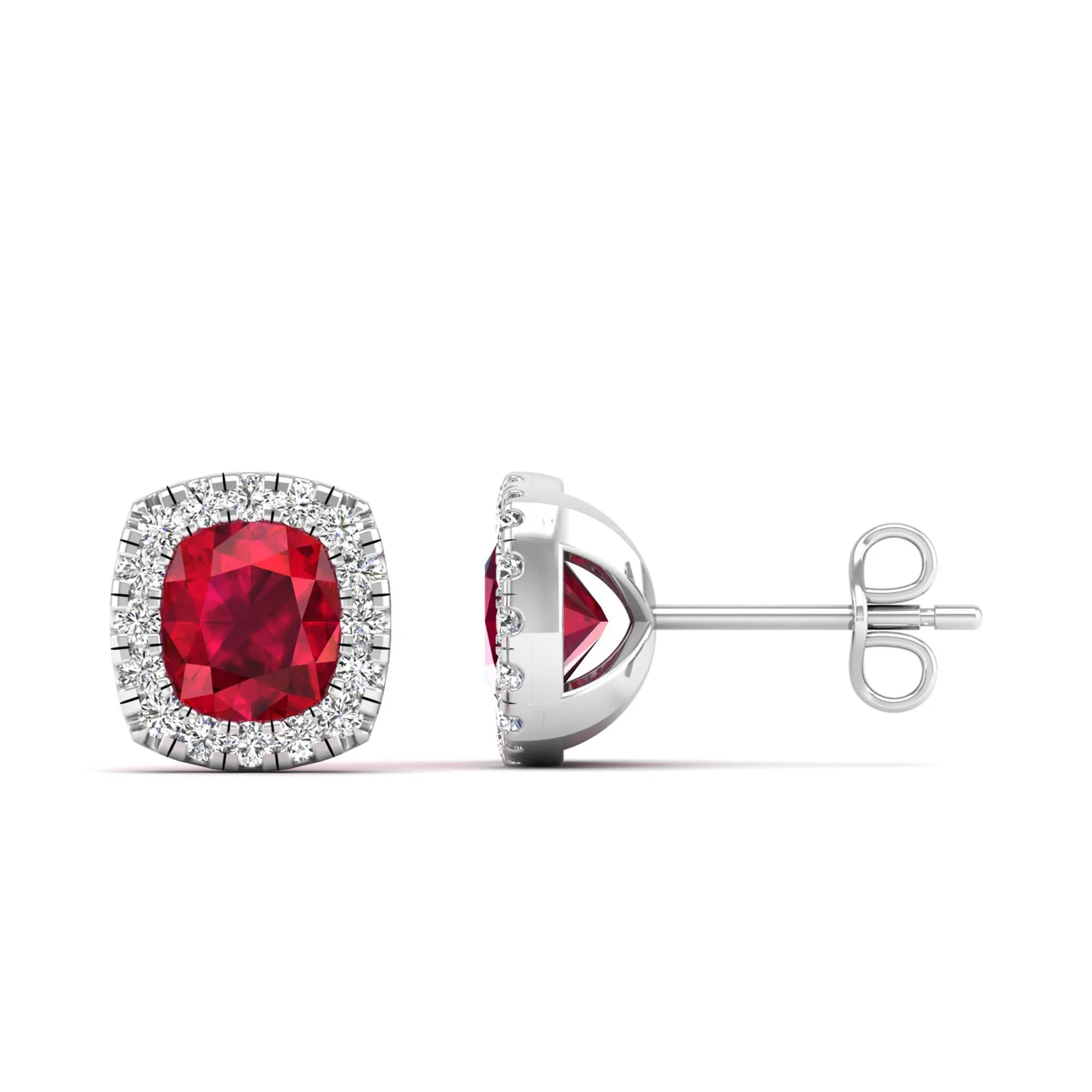 Cushion Ruby with Halo Diamond Stud Earrings