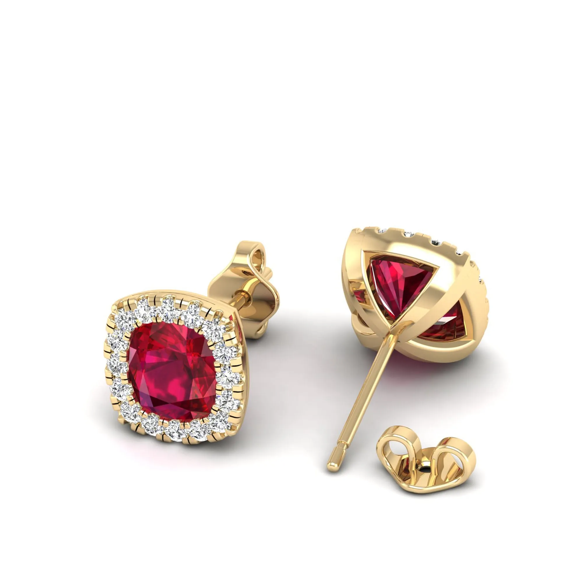 Cushion Ruby with Halo Diamond Stud Earrings