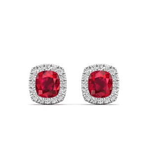Cushion Ruby with Halo Diamond Stud Earrings