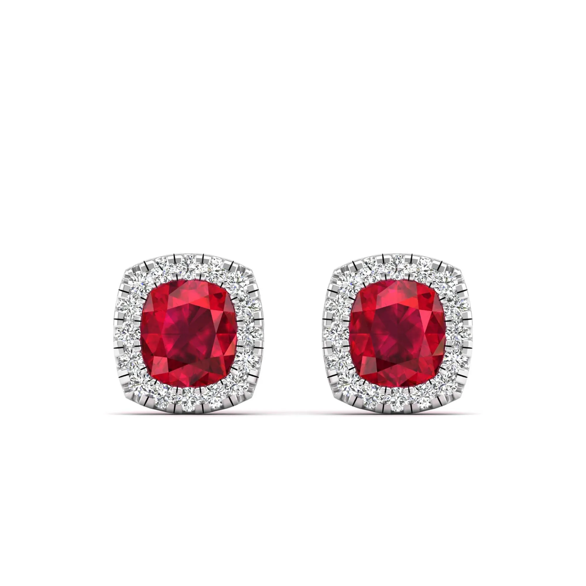 Cushion Ruby with Halo Diamond Stud Earrings