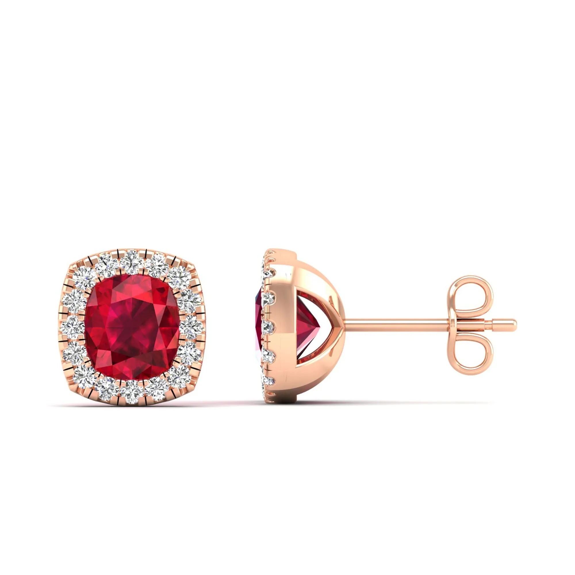 Cushion Ruby with Halo Diamond Stud Earrings