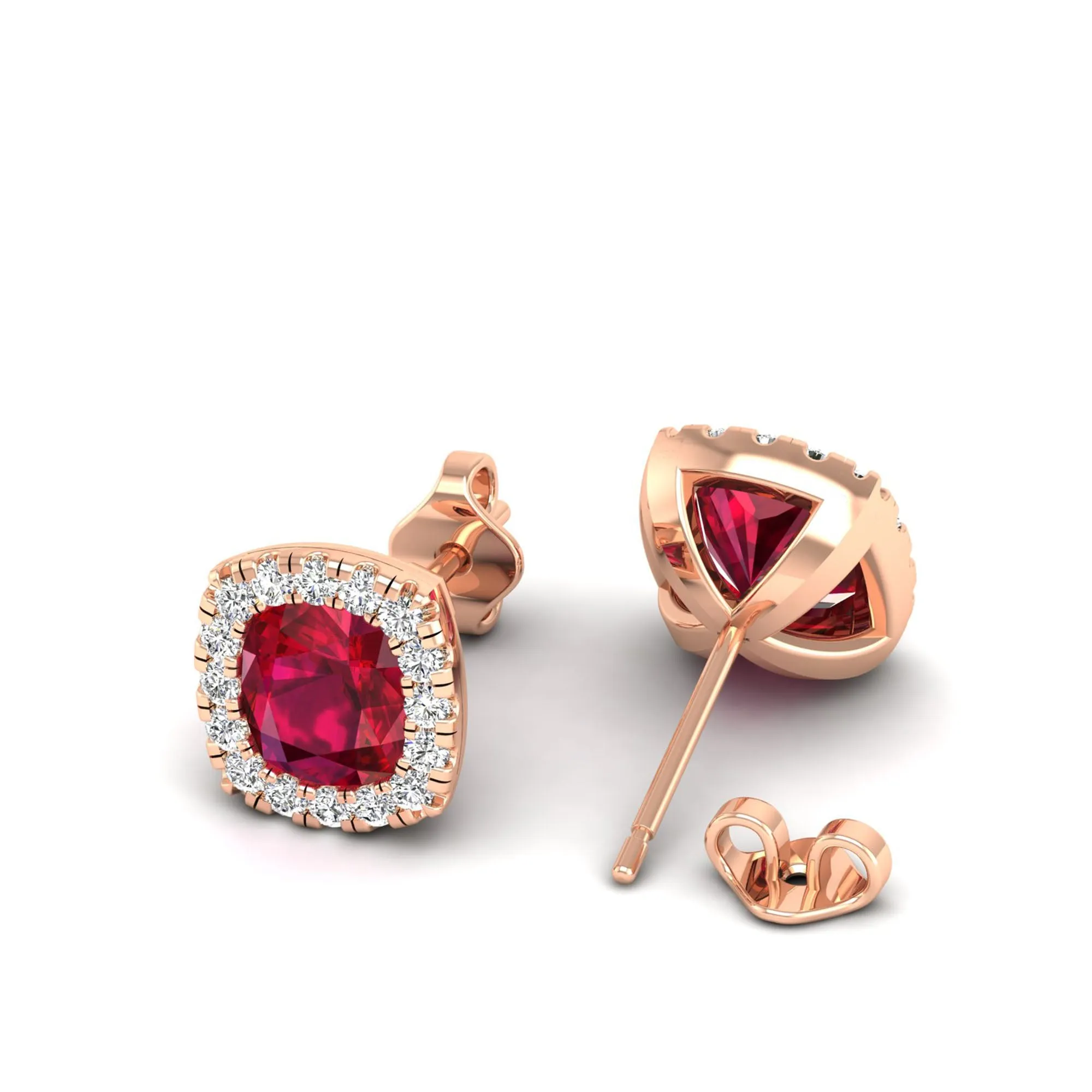 Cushion Ruby with Halo Diamond Stud Earrings