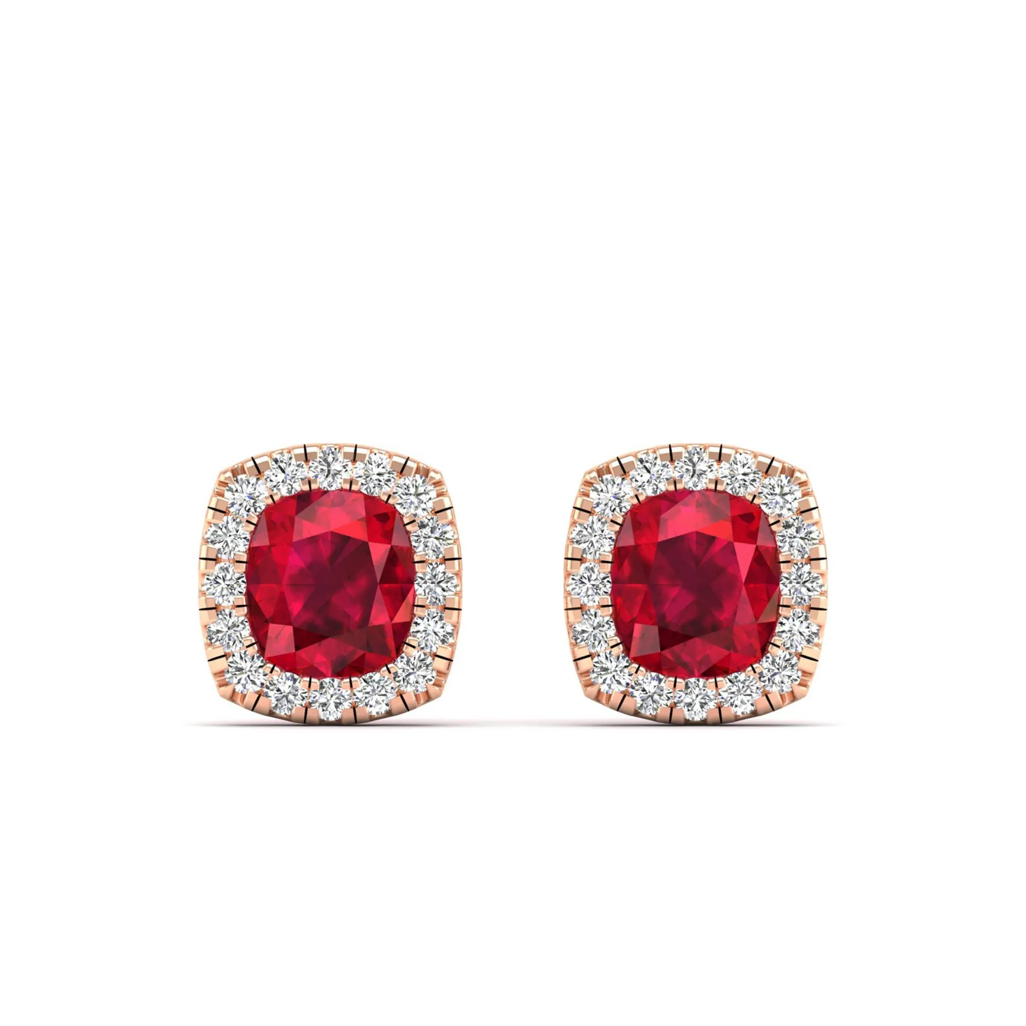 Cushion Ruby with Halo Diamond Stud Earrings