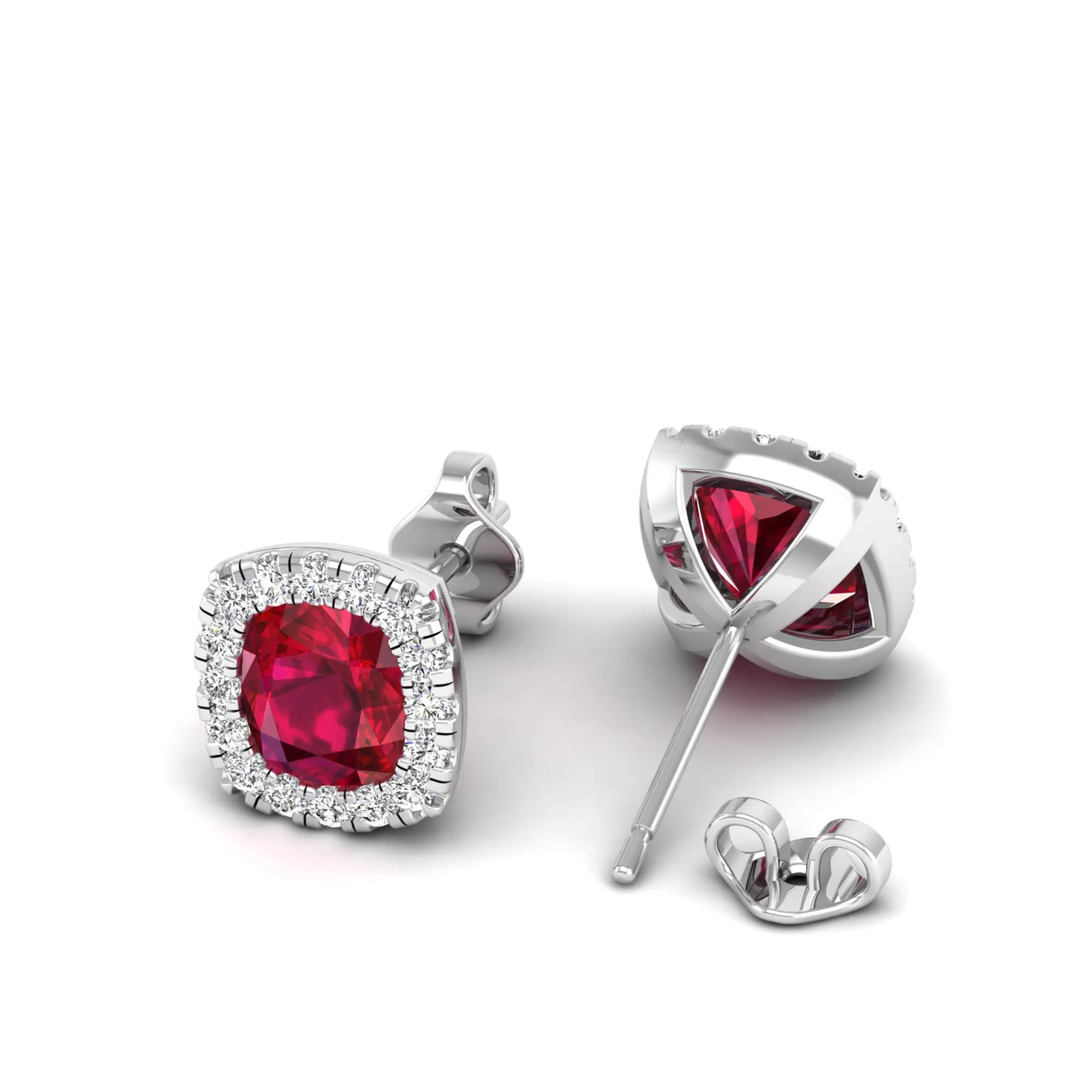 Cushion Ruby with Halo Diamond Stud Earrings