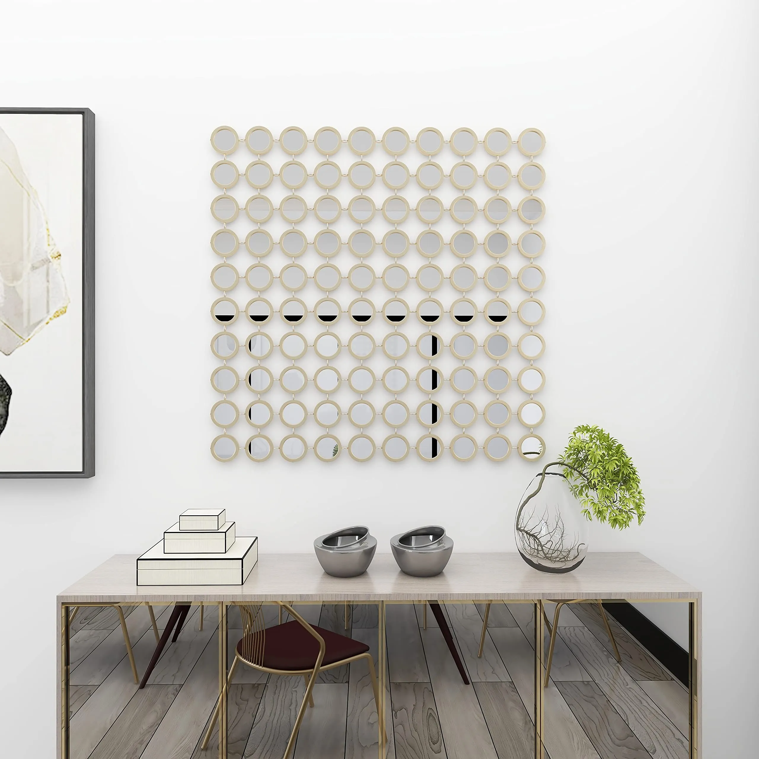 Deco 79 Metal Geometric Room Wall Mirror Entryway Mirror with Grid Pattern, Wall Mounted Mirror 40" x 2" x 40", Gold, 39 by 39" - new