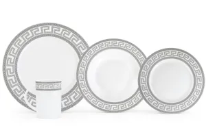 Dinnerware Set for 4 - White with Silver 16 Piece Vintage Porcelain Dish Set Tableware Setting with Mugs for Every Day Use or Formal Occasions (Silver, 4 PIECE SET)