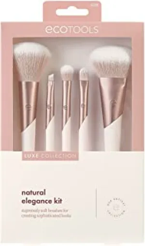 EcoTools Luxe Natural Elegance Professional Face Makeup & Foundation Brush Set, For Face, Cheek, and Eye Makeup, Ecofriendly Makeup Brushes, Pink, Luxurious and Glamorous, 5 Piece Set