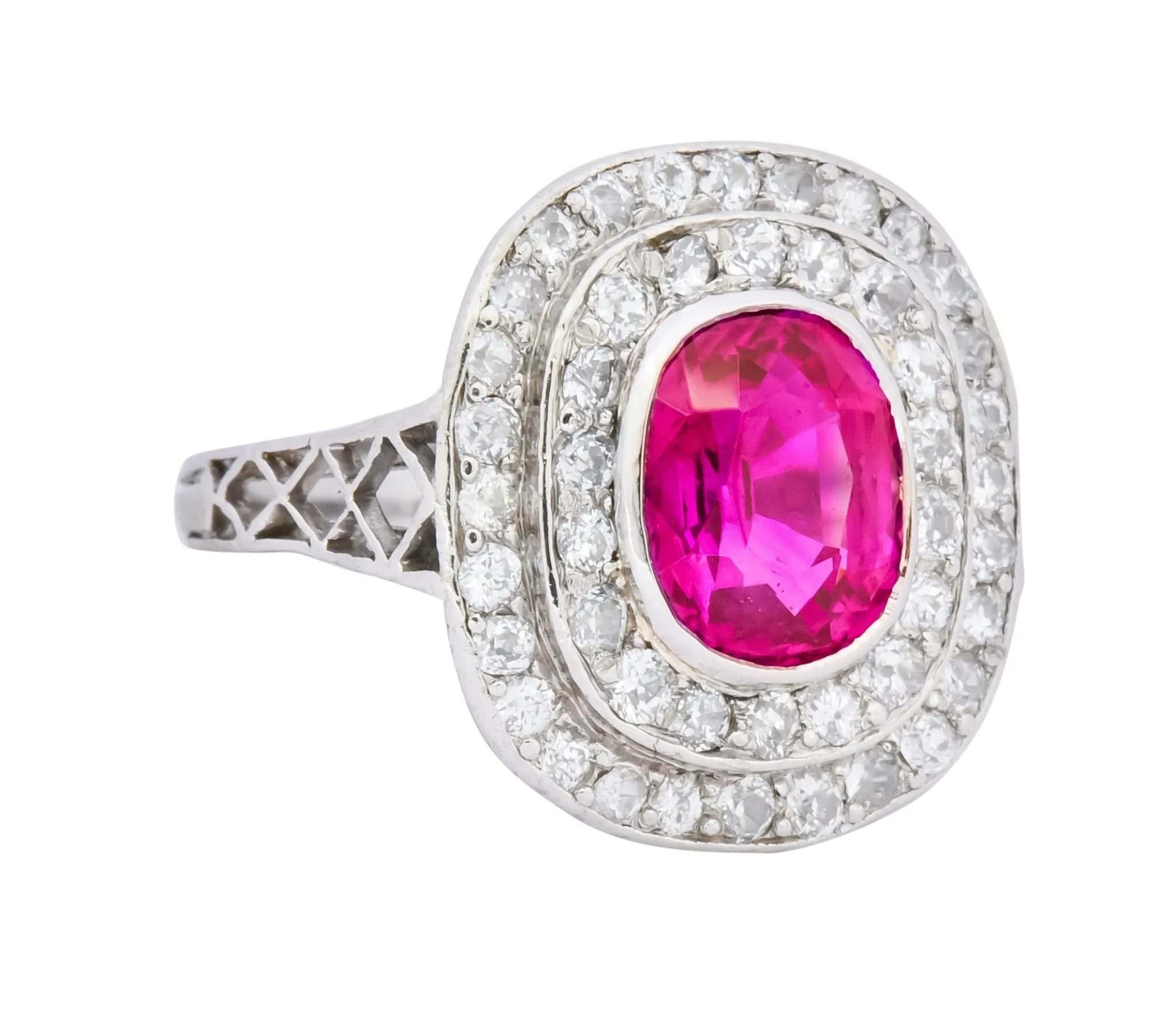 Edwardian 3.37 CTW No Heat Burma Ruby Diamond Halo Platinum Cluster Ring AGL