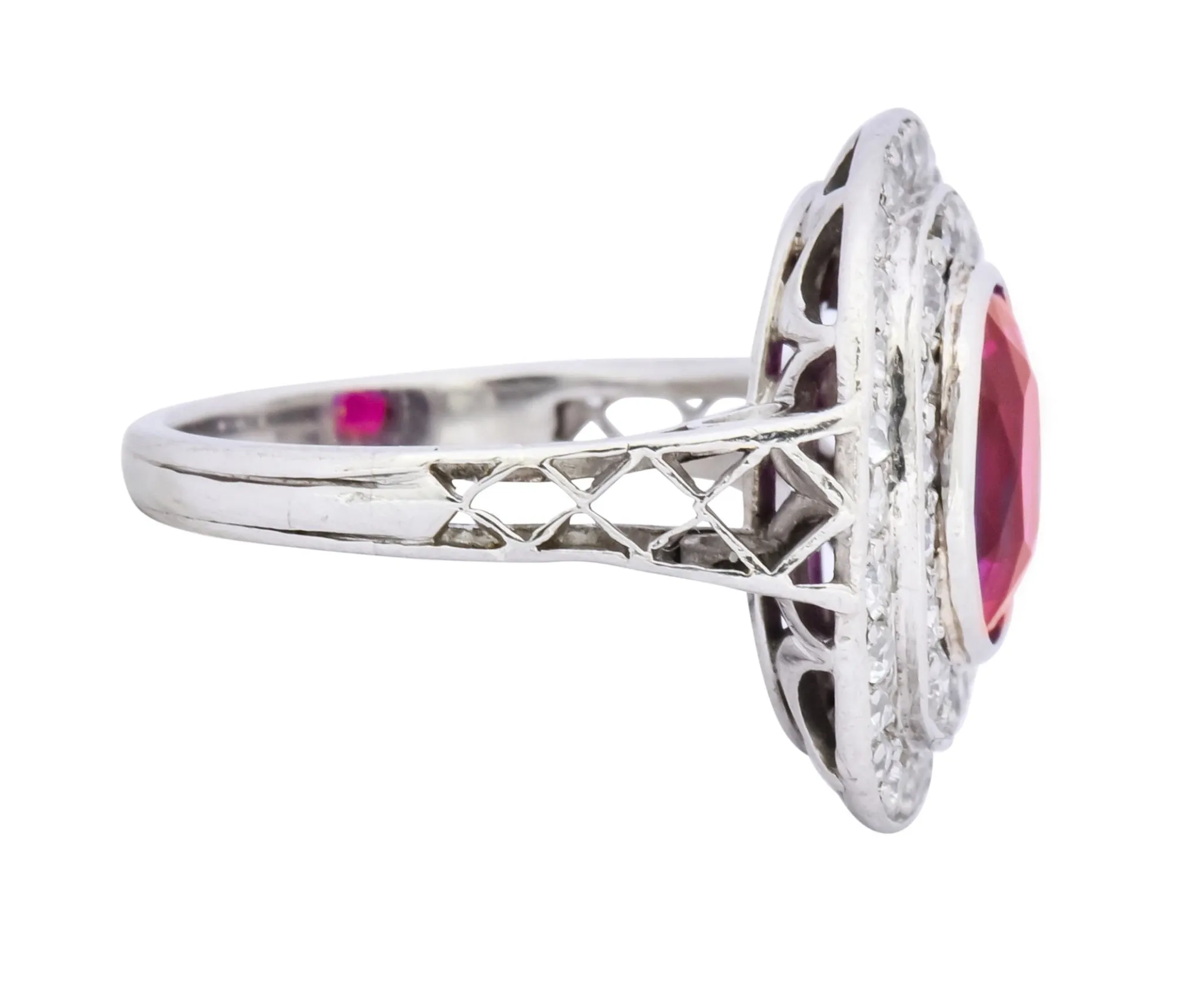 Edwardian 3.37 CTW No Heat Burma Ruby Diamond Halo Platinum Cluster Ring AGL