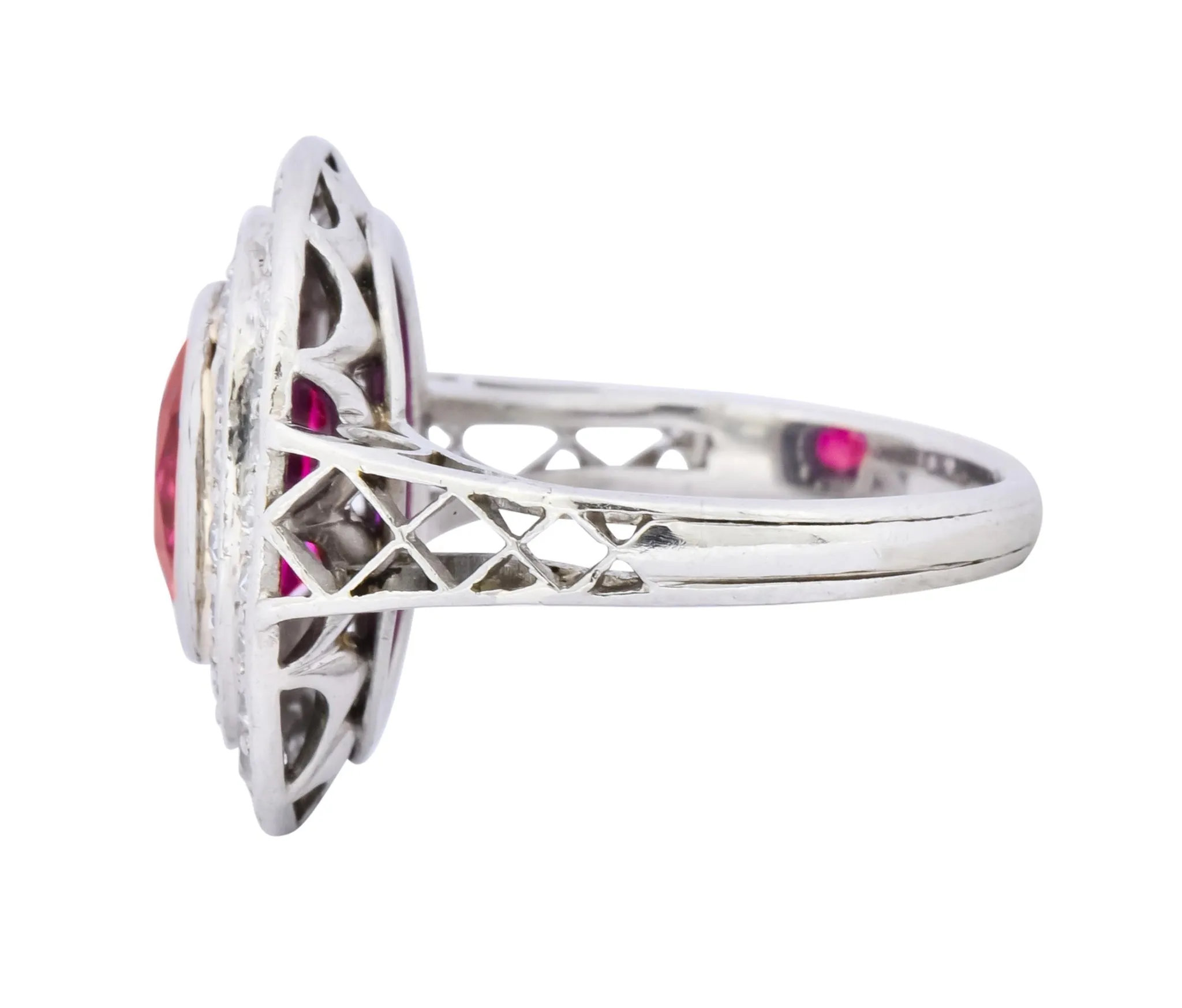 Edwardian 3.37 CTW No Heat Burma Ruby Diamond Halo Platinum Cluster Ring AGL