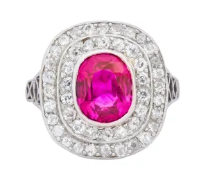 Edwardian 3.37 CTW No Heat Burma Ruby Diamond Halo Platinum Cluster Ring AGL