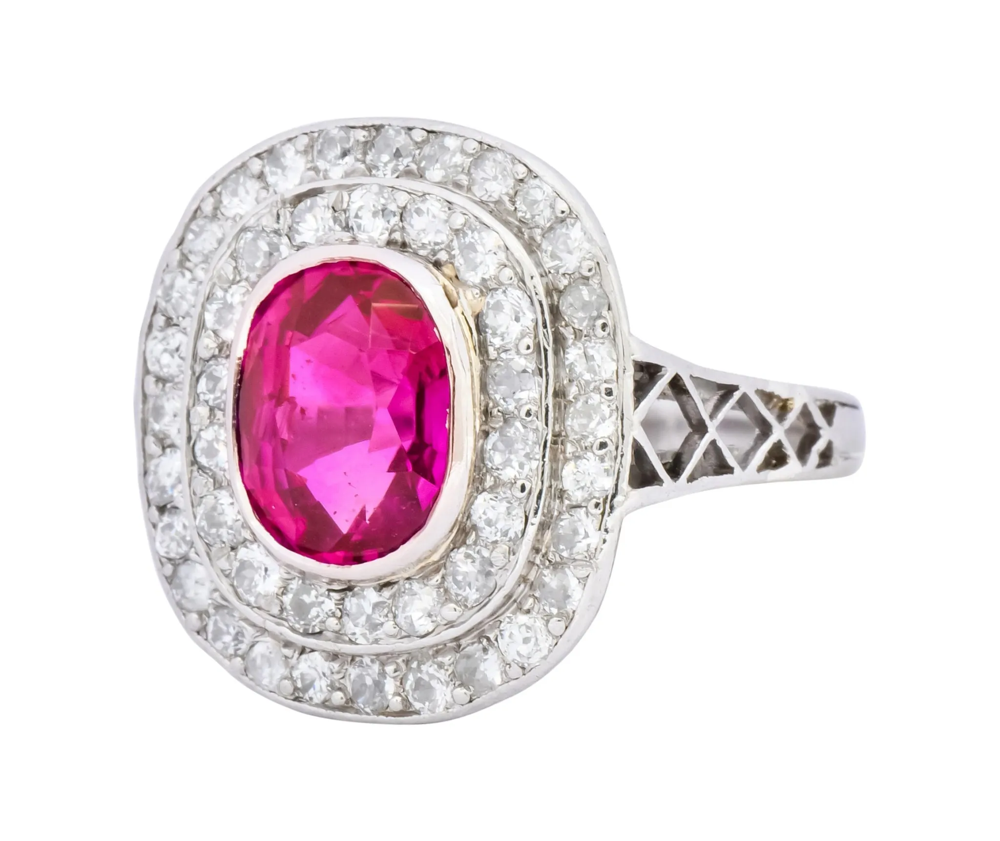 Edwardian 3.37 CTW No Heat Burma Ruby Diamond Halo Platinum Cluster Ring AGL