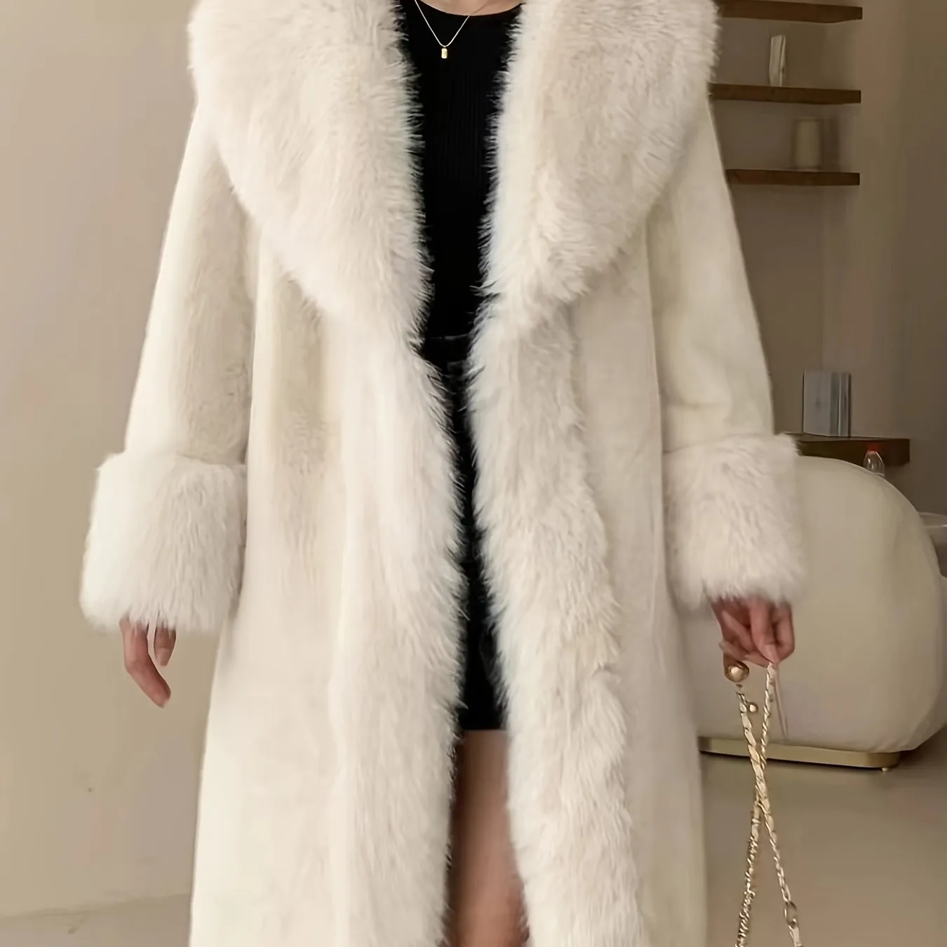 Elegant Womens MidLength Coat with Chic Faux Fur Collar