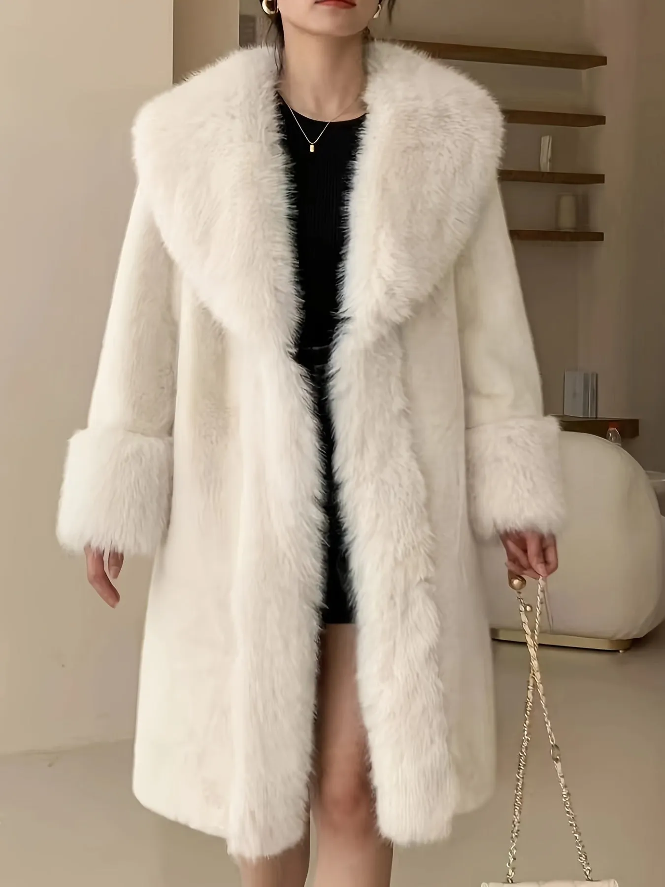 Elegant Womens MidLength Coat with Chic Faux Fur Collar