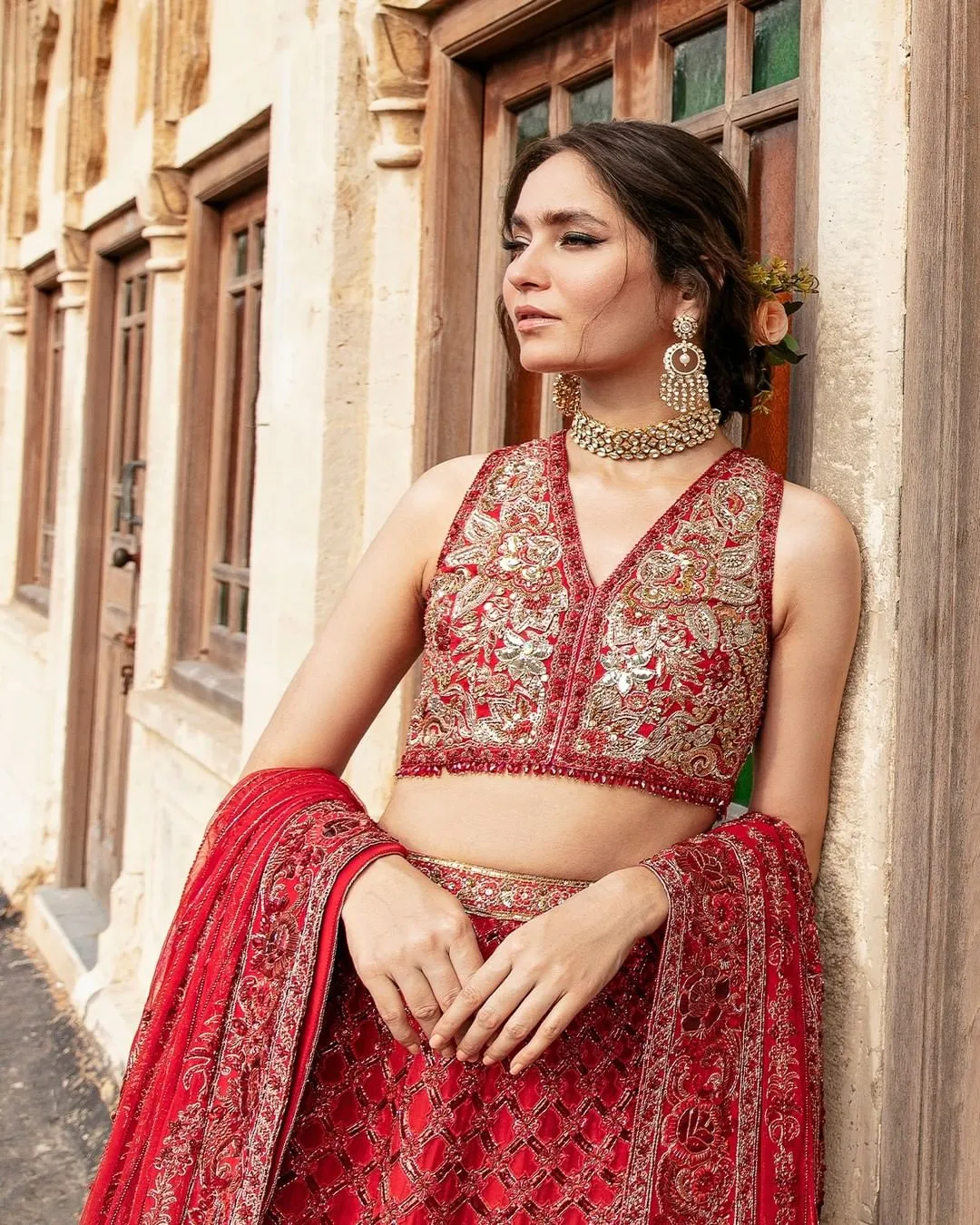 Embellished Red Lehenga Choli Dupatta Dress for Bride