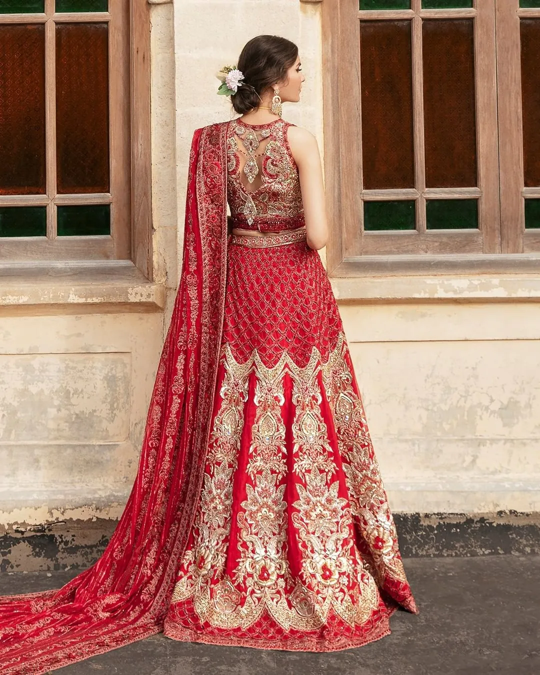 Embellished Red Lehenga Choli Dupatta Dress for Bride