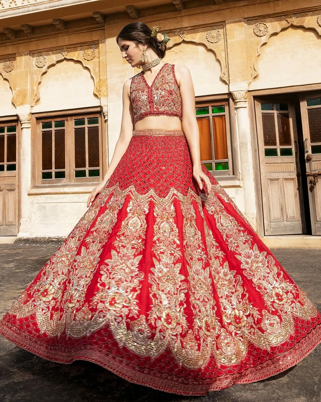 Embellished Red Lehenga Choli Dupatta Dress for Bride