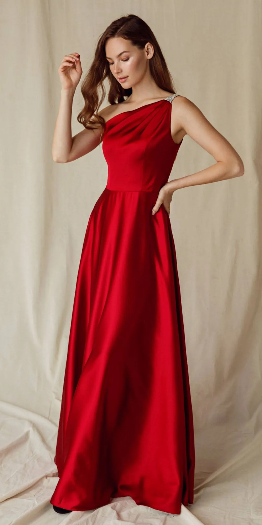 Eureka 9025 A-Line One Shoulder Satin Gown with Pockets