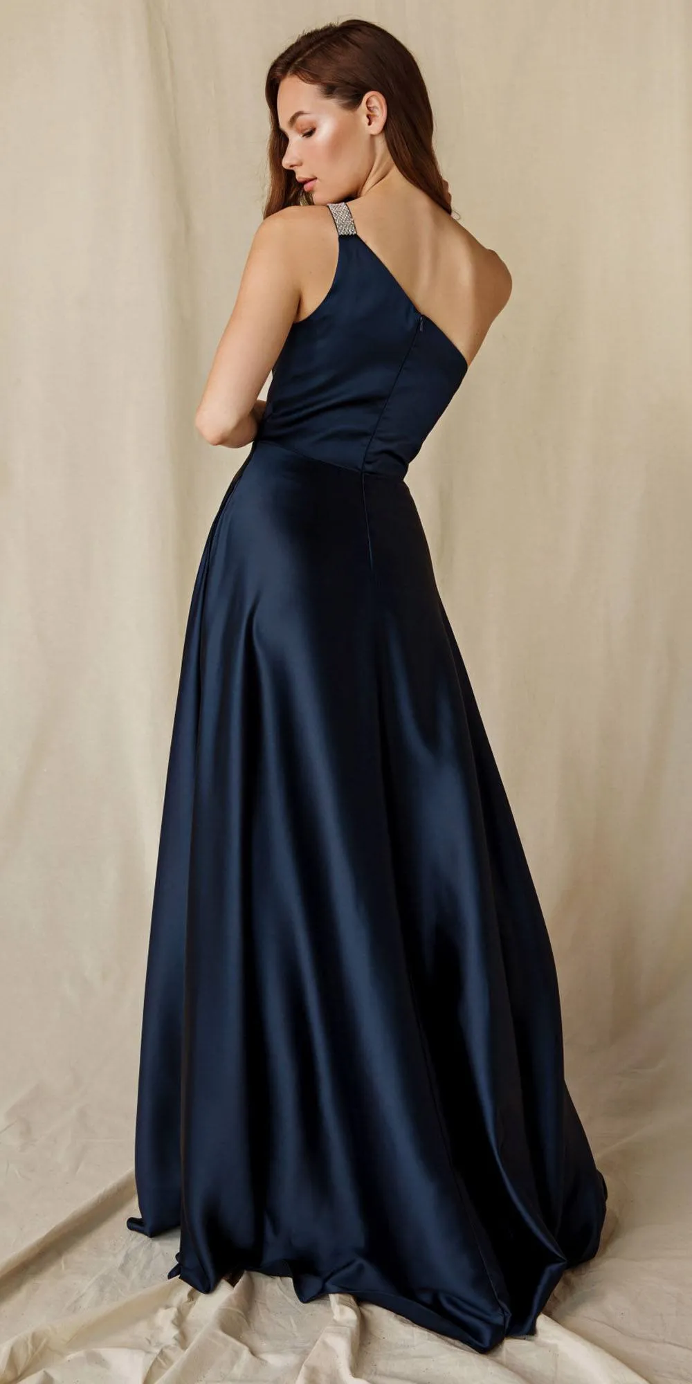Eureka 9025 A-Line One Shoulder Satin Gown with Pockets