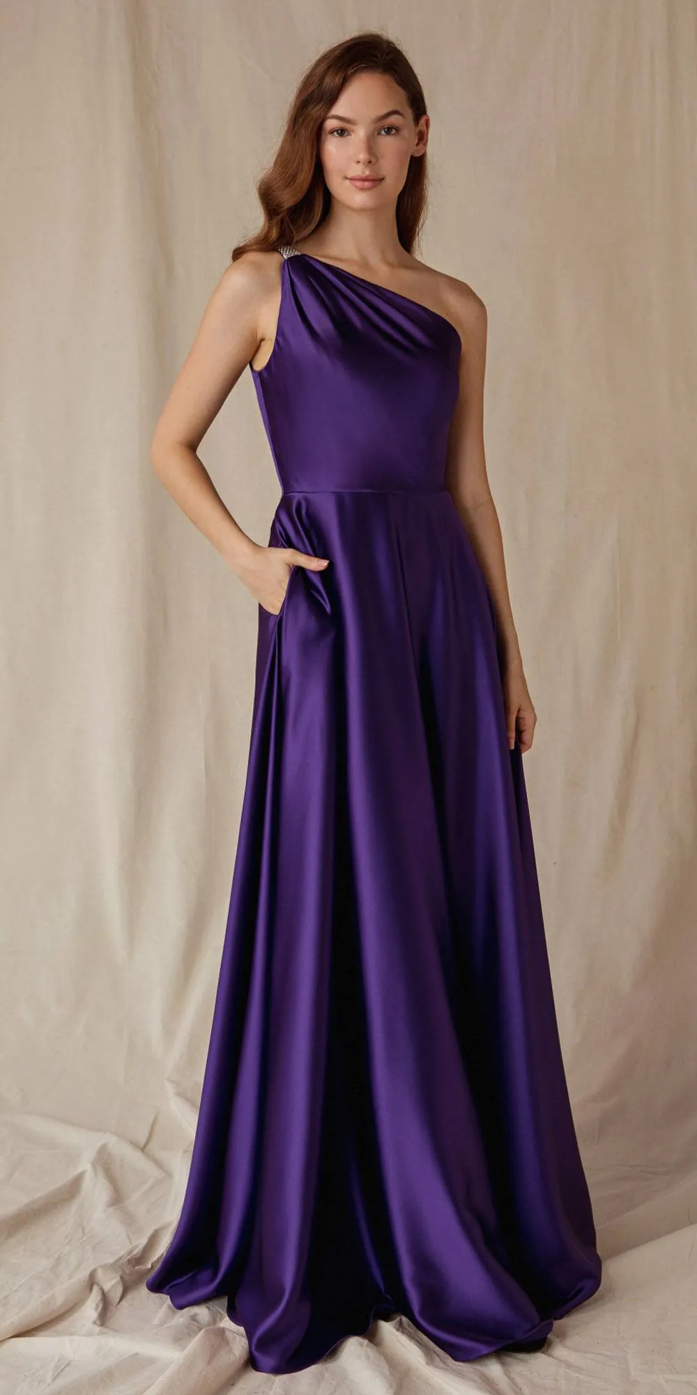 Eureka 9025 A-Line One Shoulder Satin Gown with Pockets