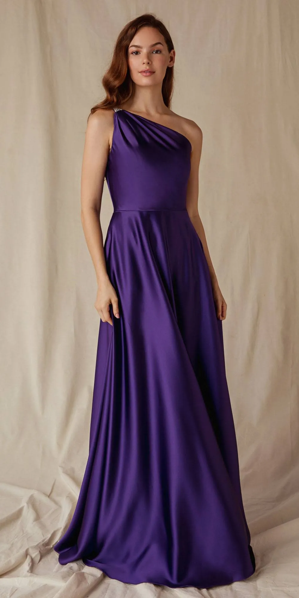 Eureka 9025 A-Line One Shoulder Satin Gown with Pockets