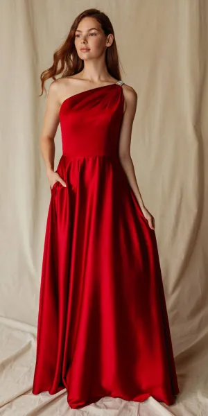 Eureka 9025 A-Line One Shoulder Satin Gown with Pockets