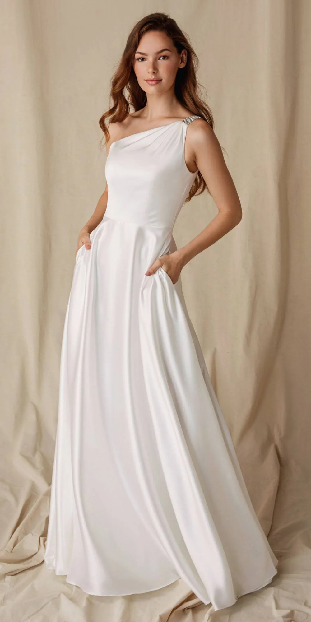 Eureka 9025 A-Line One Shoulder Satin Gown with Pockets
