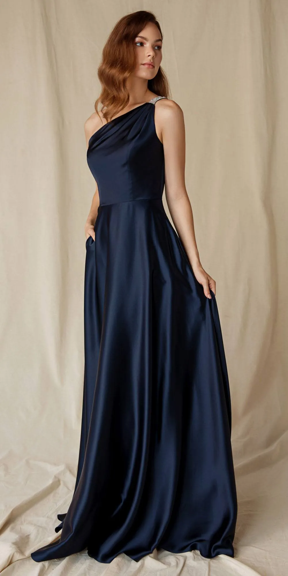 Eureka 9025 A-Line One Shoulder Satin Gown with Pockets