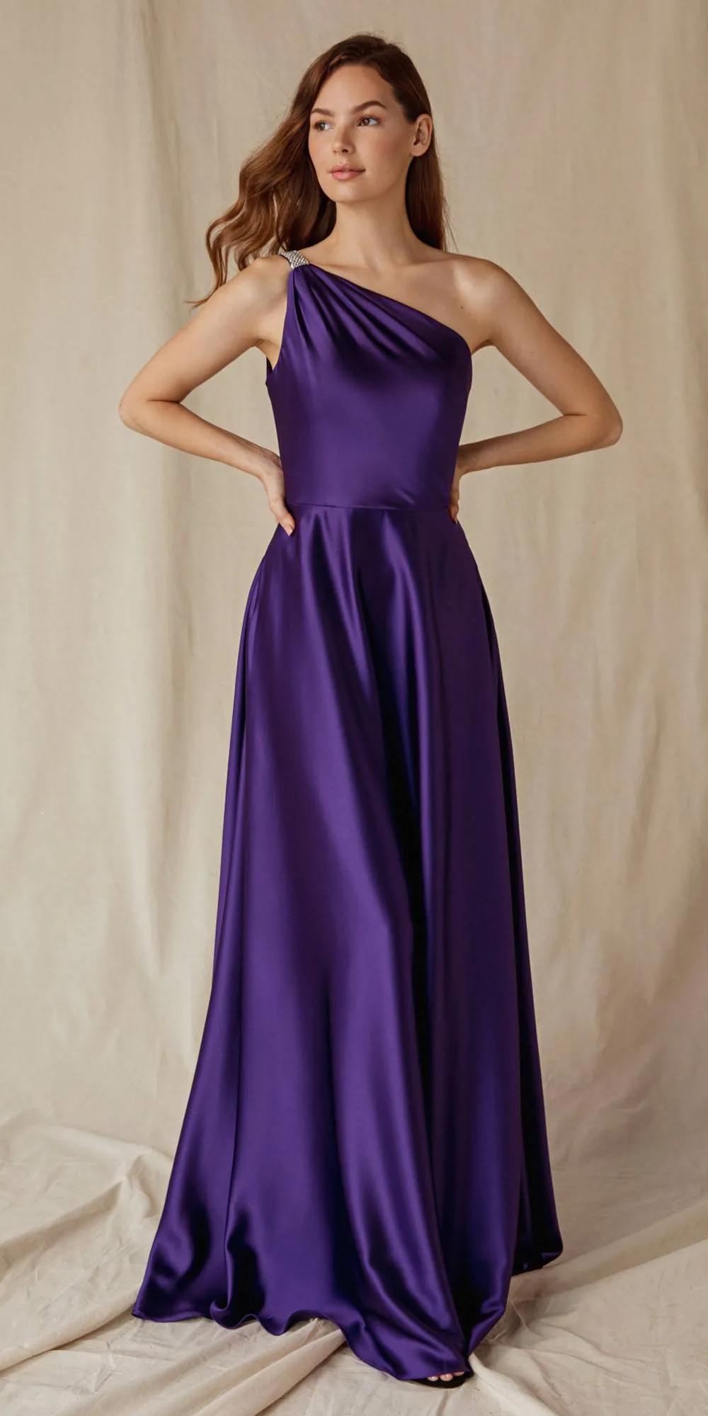 Eureka 9025 A-Line One Shoulder Satin Gown with Pockets
