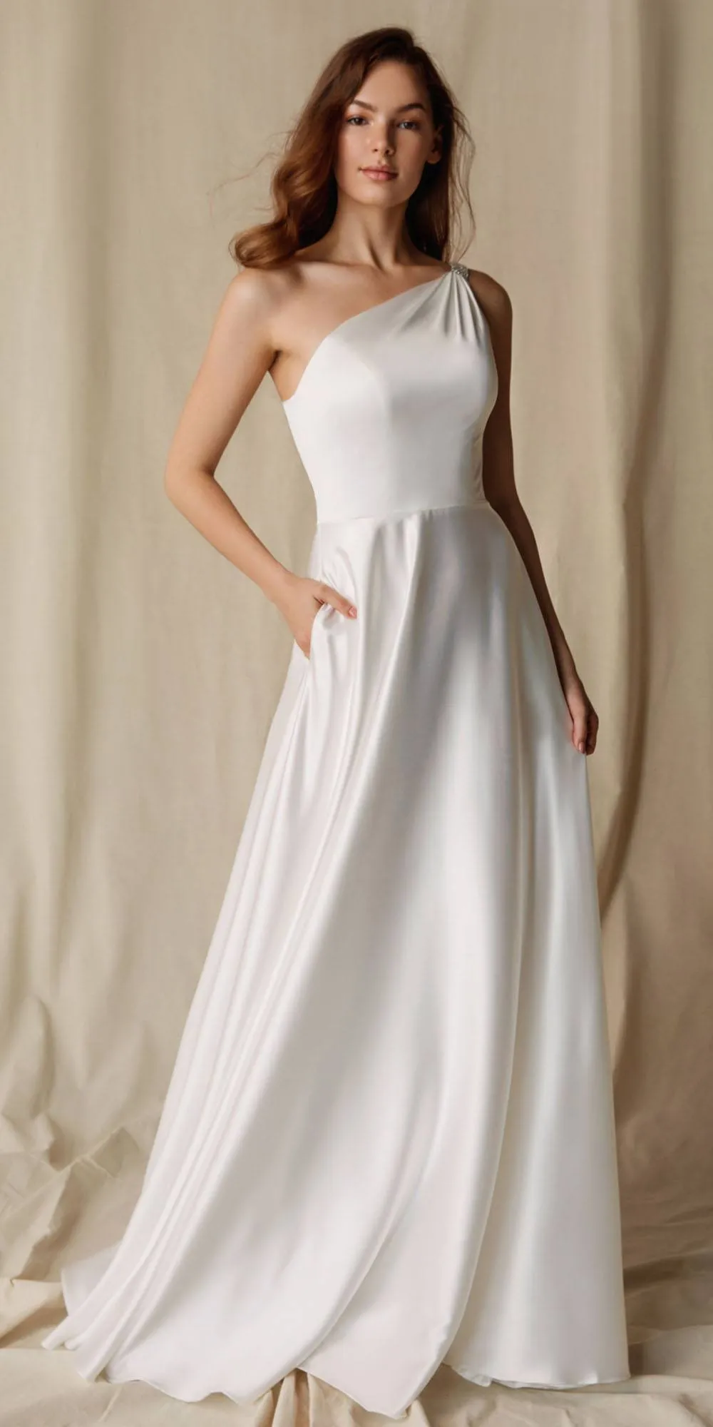 Eureka 9025 A-Line One Shoulder Satin Gown with Pockets