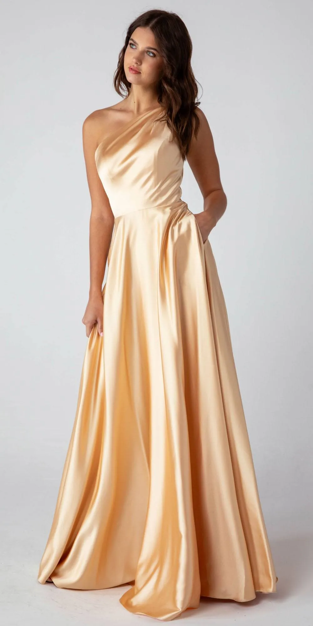 Eureka 9025 A-Line One Shoulder Satin Gown with Pockets