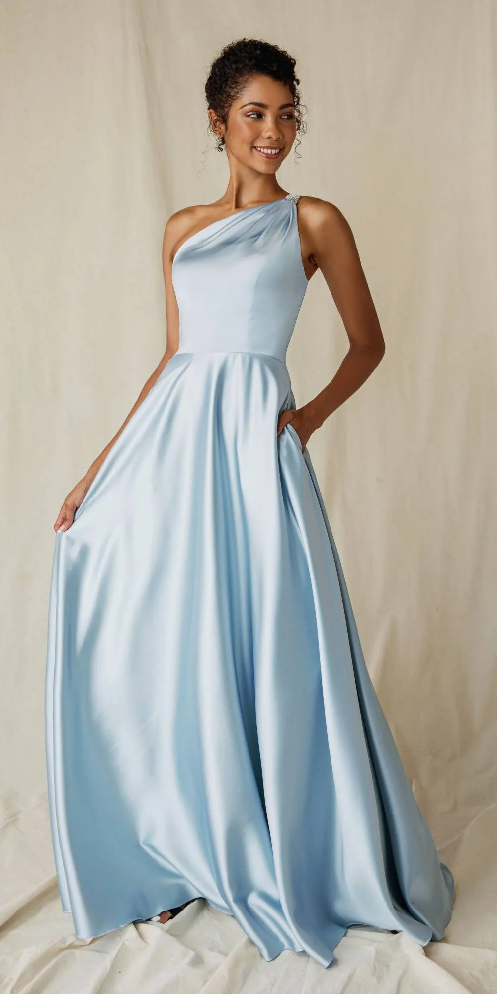 Eureka 9025 A-Line One Shoulder Satin Gown with Pockets