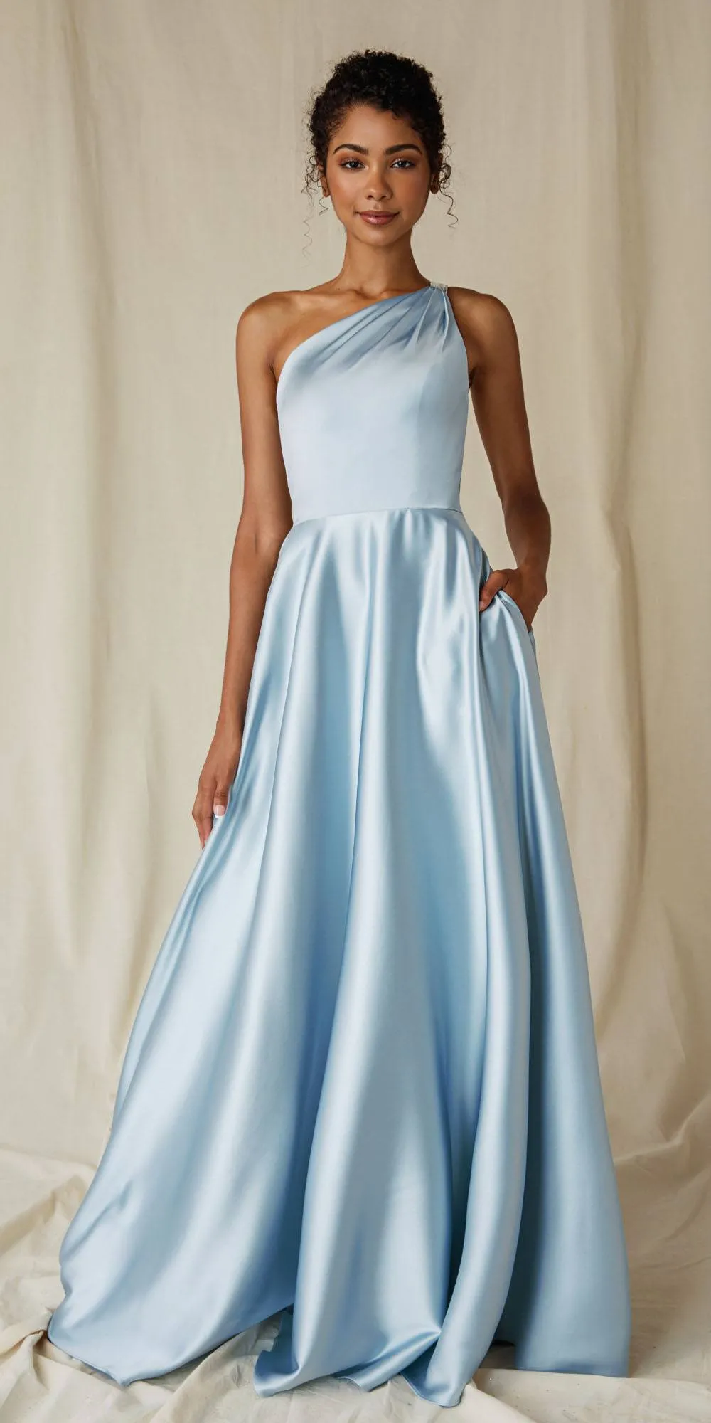 Eureka 9025 A-Line One Shoulder Satin Gown with Pockets
