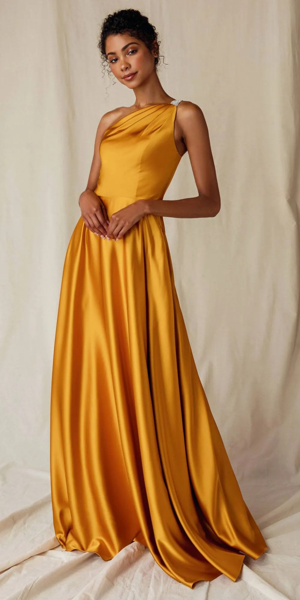 Eureka 9025 A-Line One Shoulder Satin Gown with Pockets