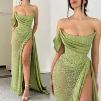 Fashion Green Sequins Prom Dresses Strapless Evening Gowns Pleats Slit Formal Red Carpet Long Special Occasion Party dress