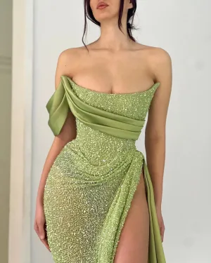 Fashion Green Sequins Prom Dresses Strapless Evening Gowns Pleats Slit Formal Red Carpet Long Special Occasion Party dress