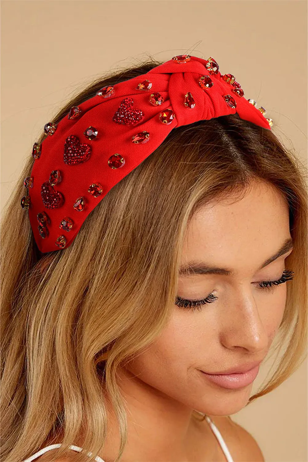 Fiery Red Rhinestone Heart Glass Drill Studded Knotted Wide Headband