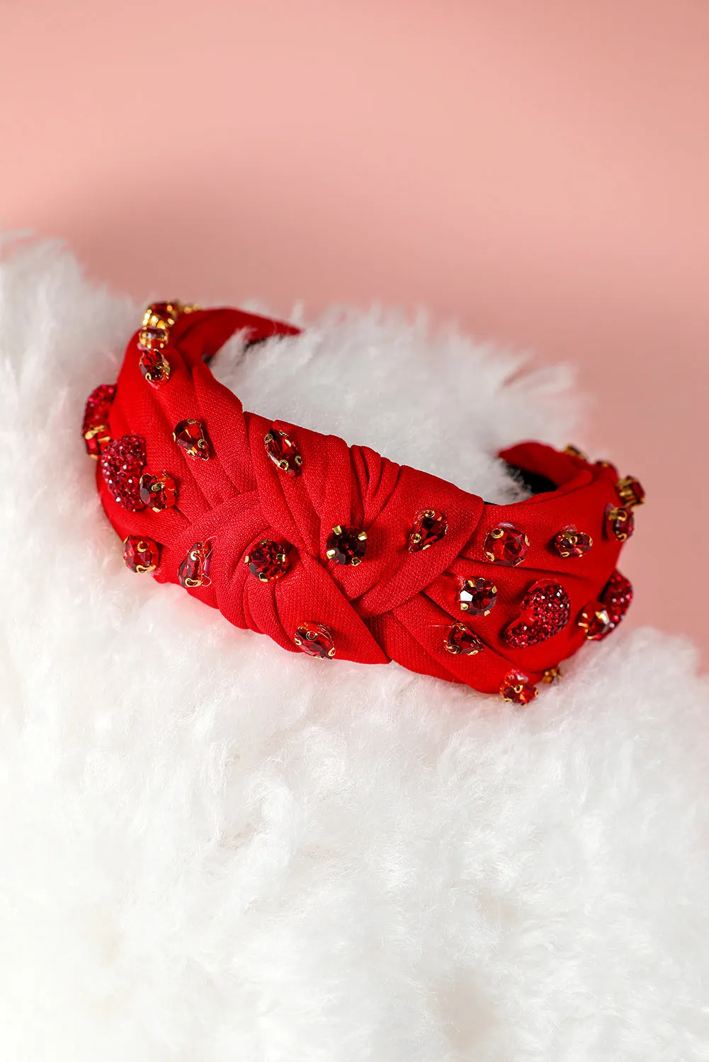 Fiery Red Rhinestone Heart Glass Drill Studded Knotted Wide Headband