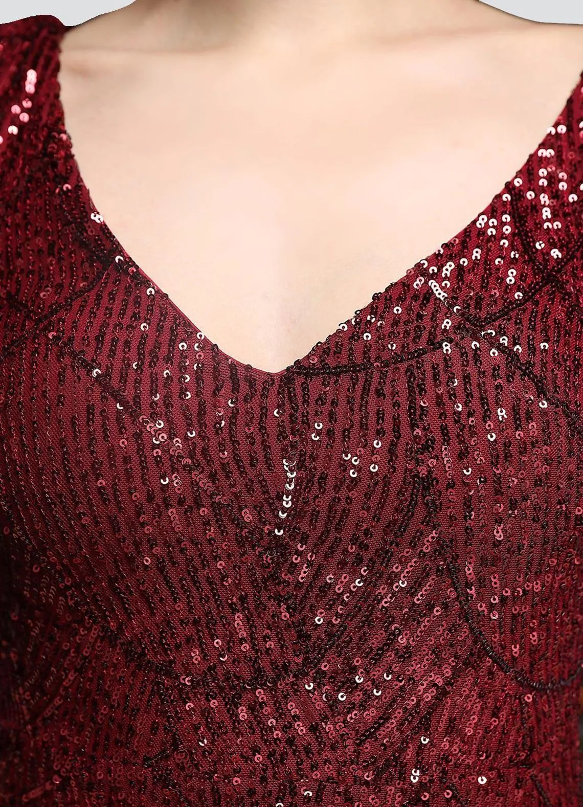 [Final Sale] Burgundy V-Neck Long Slit Sleeves Sequin Floor Length Mermaid Dress