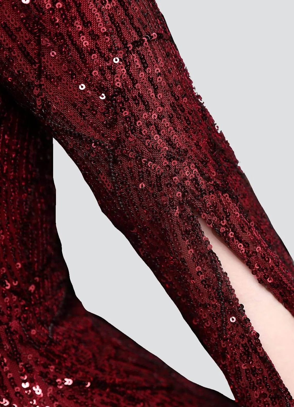 [Final Sale] Burgundy V-Neck Long Slit Sleeves Sequin Floor Length Mermaid Dress