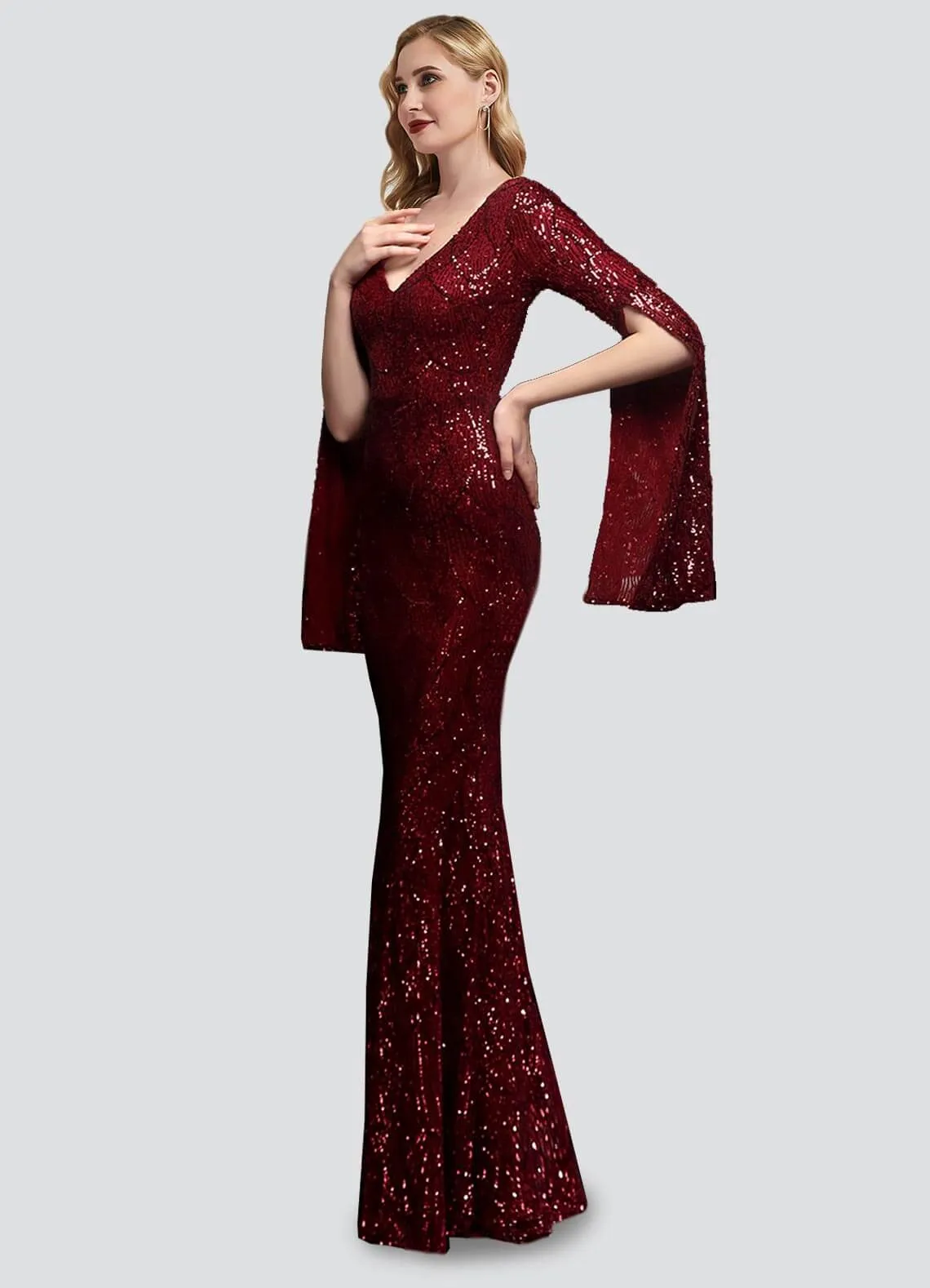 [Final Sale] Burgundy V-Neck Long Slit Sleeves Sequin Floor Length Mermaid Dress